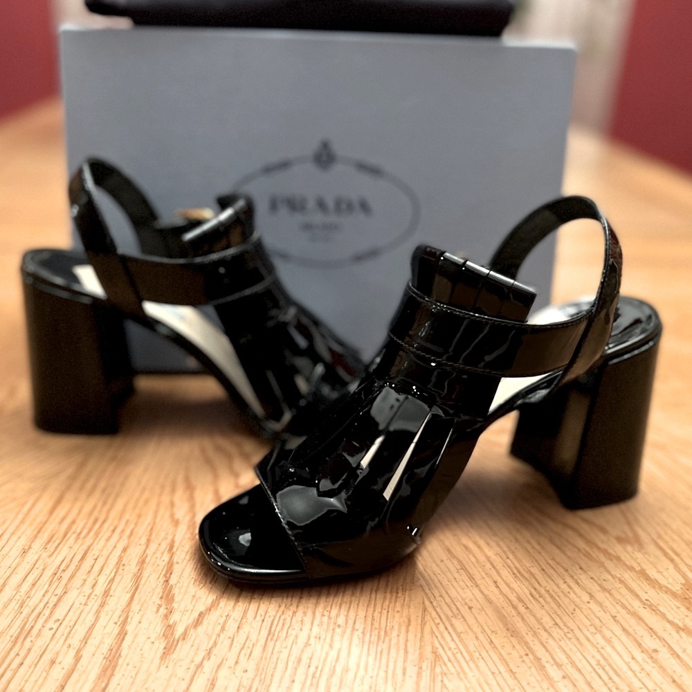 PRADA Patent Leather Kilt Block-Heel Sandals